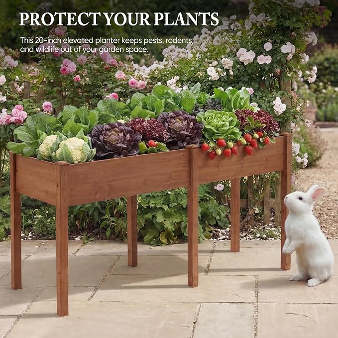 DUMOS Raised Garden Bed 72x23x30 Inch, Outdoor Planter Box with Legs, Elevated Wood Garden Bed with Liner for Herbs Flowers Vegetables, Wooden Planter Box for Patio, Balcony, Backyard, Brown