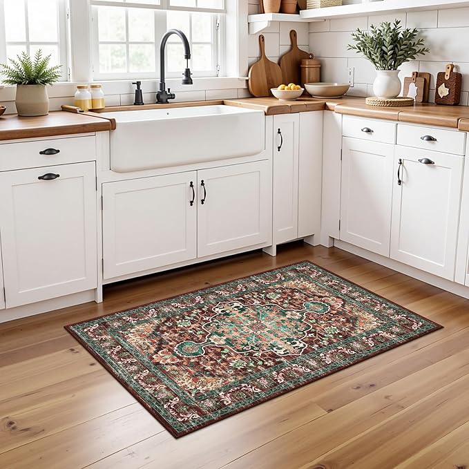 U'Artlines Boho Front Door Mat, 2x3 Machine Washable Rug, Rust＆Teal | Low Pile, Non Slip, Ultra-Thin Soft Floor Carpet, Vintage, Accent Rug for Living Room Bedroom Dining Room Office