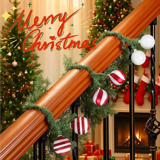 Dingion 30 Pcs 20 Inches Christmas Garland Ties with Balls Decorative Twist Ties for Banister Stairs Railing Reusable Flexible Twist for Home Xmas Holiday Decor Gift Craft Wrapping(Red White Stripe)