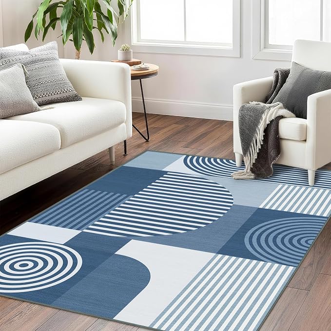 Blue Geometric Area Rug 4x6 for Living Room Rug Machine Washable Minimalist Line Mid Century Modern Rugs Non Slip Low Pile Indoor Floor Carpet for Bedroom Dining Room Laundry Office,Blue