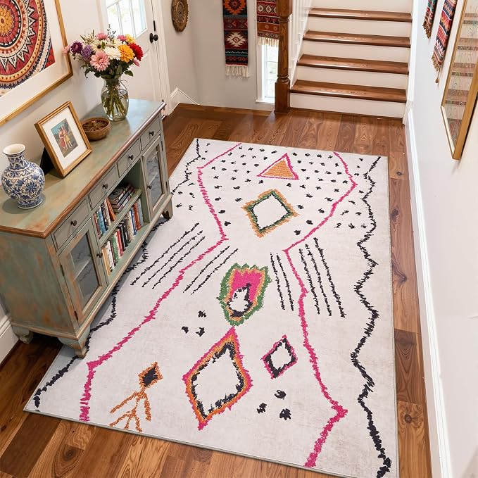 jinchan 5x7 Beige Hot Nerd Rug Modern Boho Geometric Washable Bedroom Rug | Abstract Artwork, Tribal Inspired, Diamond Motifs, Washable, Soft Texture, Non-Slip, Low Pile, Living Room, Dining Room