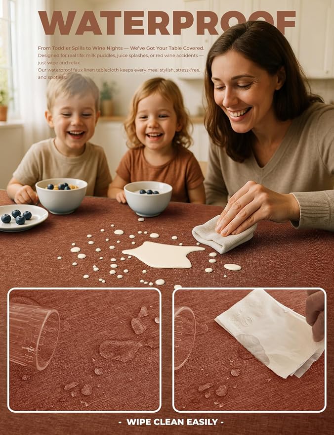 Faux Linen Farmhouse Table Cloth 60"x144" for 10 ft Rectangle Table, Burnt Orange Waterproof Outdoor Washable Cloth Tablecloth for Rectangular Dining Room Kitchen Outdoor Party Restaurant Table