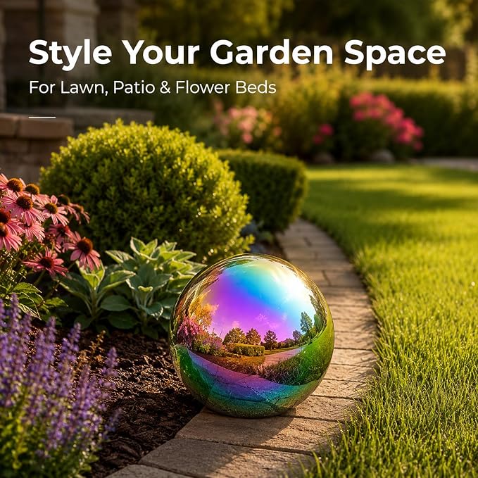 Gazing Ball Garden Mirror Outdoor - 6 Inch Outside Decorative Globe Rainbow | Metal Polished Reflective Sphere, Stainless Steel Hollow Decoration Ornament for Home Pond Swimming Pool Housewarming Gift