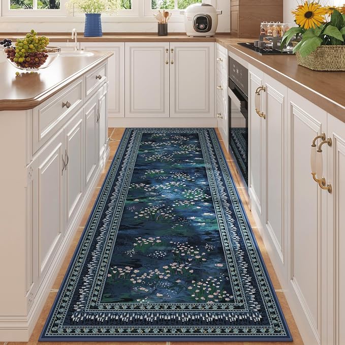 Rugcomf Runner Rug Impressionist-Style Vintage Kitchen Rugs Non Slip Washable Soft Carpet Runner for Kitchen Laundry Bedroom Bathroom, Blue