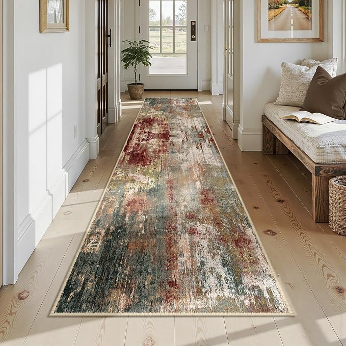 RELEANY Washable Runner 2'6"x12' Abstract Area Rug for Hallway Rustic Brown | Carpet for Kitchen, Entryway, Bathroom, Living Room, Bedroom, Printed Pattern, Non‑Slip, Soft, Stain‑Resistant, Easy to Clean