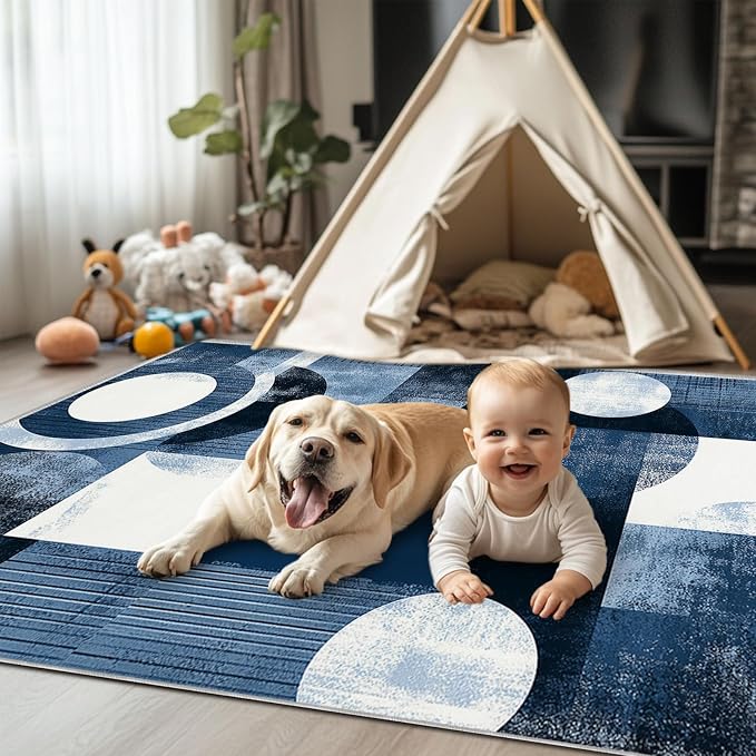 Boho Area Rug for Living Room Abstract Geometric 6x9 Entryway Rug Modern Blue Circles Rugs Non Slip Low Pile Machine Washable Floor Carpet for Indoor Bedroom Kitchen Dining Room Office
