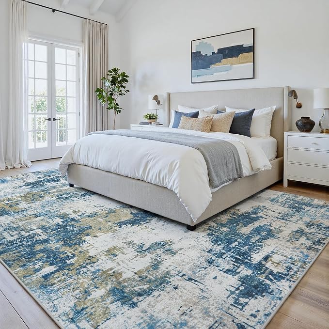 5x7 Area Rugs for Living Room: Washable Soft Blue Abstract Bedroom Carpet | Non-Slip TPE & Stain Resistant,0.25" Low-Pile,Kids Pet Friendly Modern Decor for Dining Room Farmhouse Office, Non-Shedding