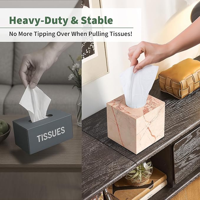 Real Natural Marble Tissue Box Cover, 5.5 Inch Square Marble Tissue Box Holder with Open Bottom, Heavy Stone Decorative Organizer for Bathroom Vanity, Kitchen Countertop, Luxury Home Décor