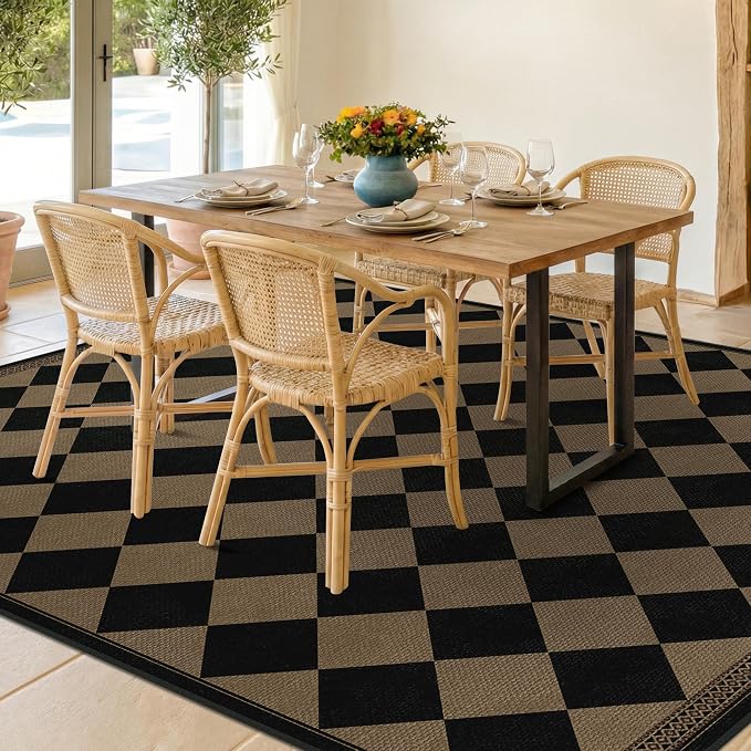 Easy Jute Checkerboard 8x10 Indoor Outdoor Area Rugs for Living Room Patio, Large Washable Non-Slip Checkered Outdoor Rug, Boho Diamond Geometric Pattern Black and Brown Bedroom Dining Room Carpet