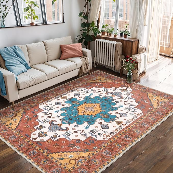 SERISSA 5x7 Washable Non Slip Boho Area Rug for Living Room，Orange | Ultra Soft Vintage Oriental Carpet Low-Pile Distressed Tribal Throw Carpet for Bedroom Dining Room Dorm Office Home Decor