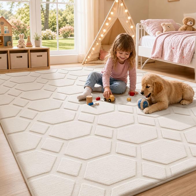 Sour Lemon Area Rugs 9x12 Living Room Bedroom, Large Carpet White Rug | Big, Geometric Alfombra Para Salas Modernas, Washable, Non Slip Soft Thick Fluffy Plush, Memory foam Rug for Kids Playroom