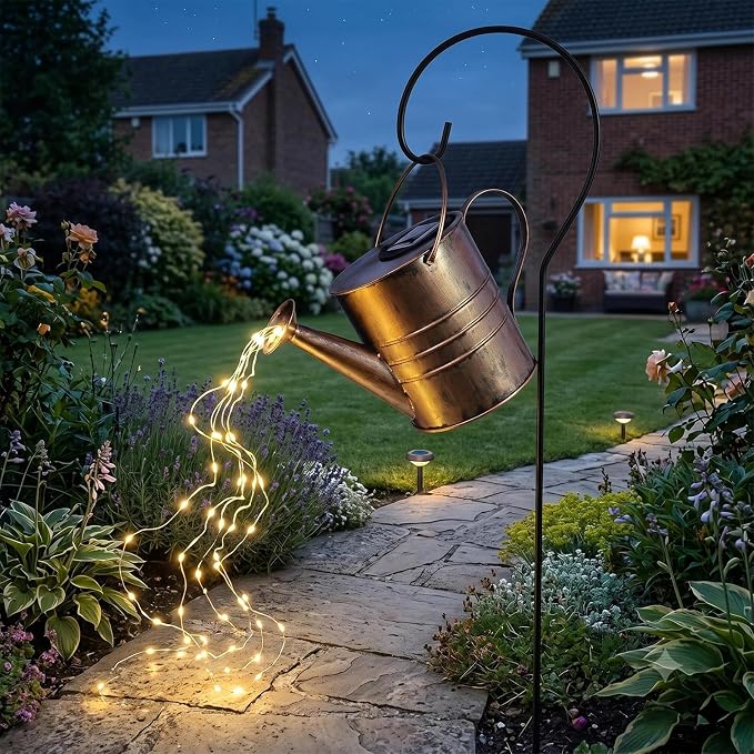 Solar Watering Can Lights Outdoor, Hanging Metal Garden Decor with Cascading Warm White Fairy Lights, Waterproof Yard Patio Lawn Ornament, Gifts for Gardeners