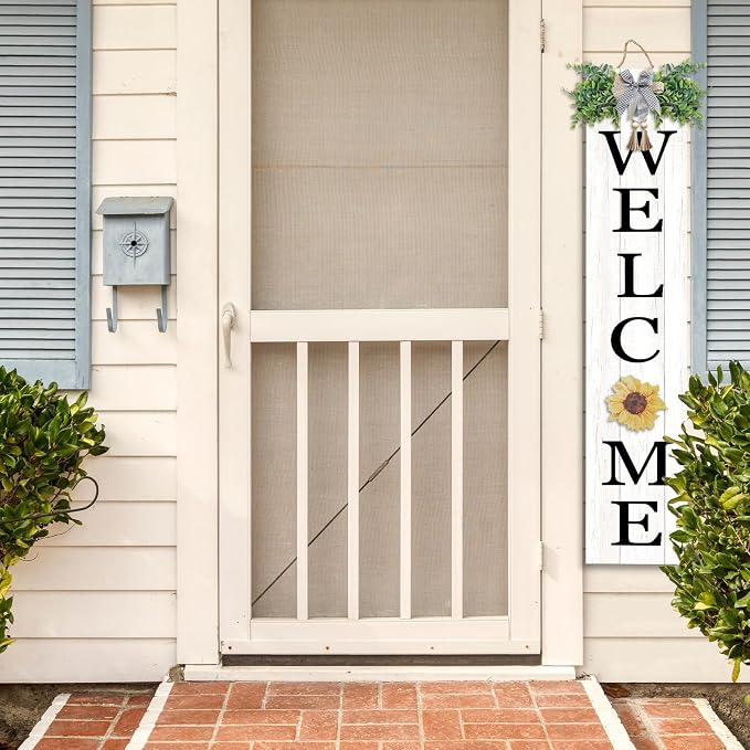 Interchangeable Outdoor Welcome Sign for Front Porch Standing 47"×8" with 12 Pcs Icons Vertical Tall Leaner Outside Welcome Sign Long Wood Frame Large Rustic Farmhouse Front Door Hanging Decor (White)