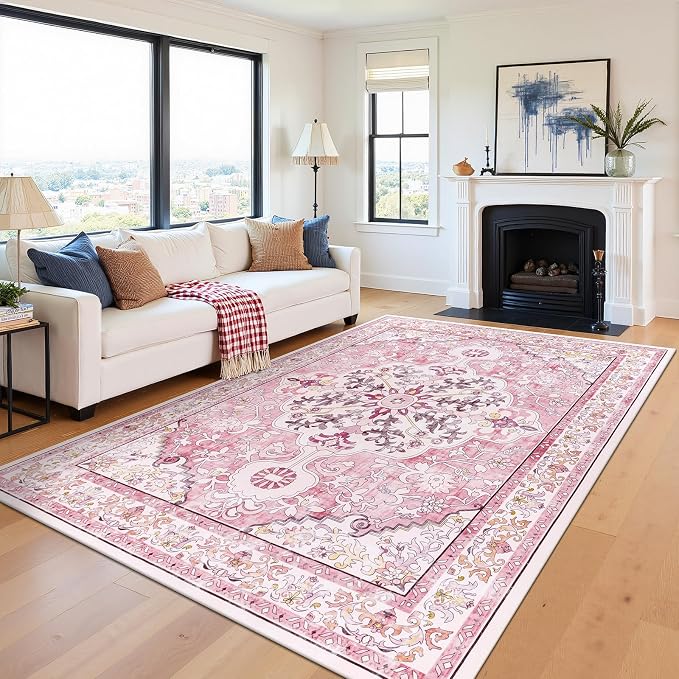 U'Artlines Boho Vintage Area Rug 8x10 Machine Washable Carpet, Pink | Low Pile, Non Slip, Ultra-Thin Soft Floor Carpet, Accent Rug for Living Room Bedroom Entryway Dining Room Office