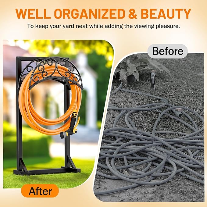 Garden Hose Holder for Outside - Upgraded Water Hose Holders with 5 Spikes & 2 Shepherds Hooks, Freestanding Hose Stand Heavy Duty Hose Hanger Hose Storage Hose Reel Rack for Outside Yard Lawn
