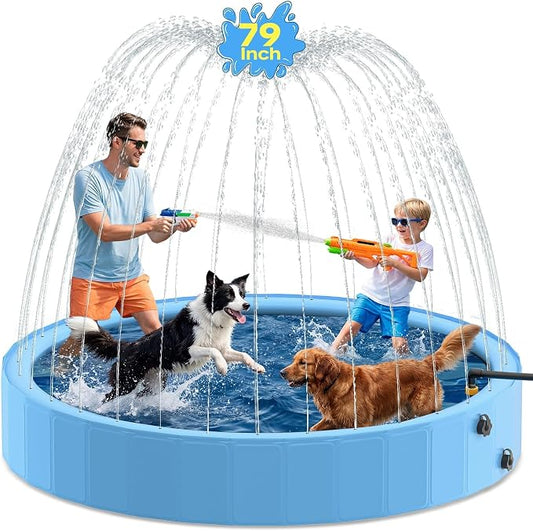 79'' Dog Pool with Sprinkler, Dog Pools for Large Dogs, Foldable 2-in-1 Kiddie Pool for Dogs & Kids, Non-Slip Heavy Duty Hard Plastic Pet Bathing Tub for Outdoor Backyard, Blue