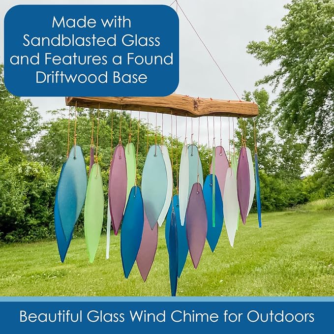 Blue Handworks Mountain Ridge Glass Leaves Wind Chime | Sandblasted Glass and Found Wood Handcrafted Wind Chime