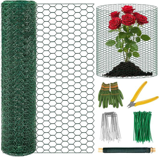 Convivium Plant Protectors from Animals, 0.8mm Free-Cut Green Chicken Wire Mesh, PVC Coated Tree Trunk Guard & Garden Fence for Outdoor Plants with Zip Ties, Stakes, Pliers, Gloves（16.4Ft*16In）