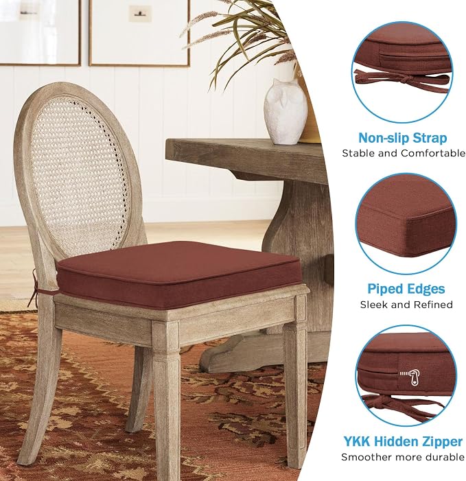 17 x 16 Inch Sunbrella Outdoor Chair Cushions with Tie Straps, Set of 4 Thick Water Repellent Round Patio Chair Pads for Garden Lawn Patio Furniture, Canvas Henna