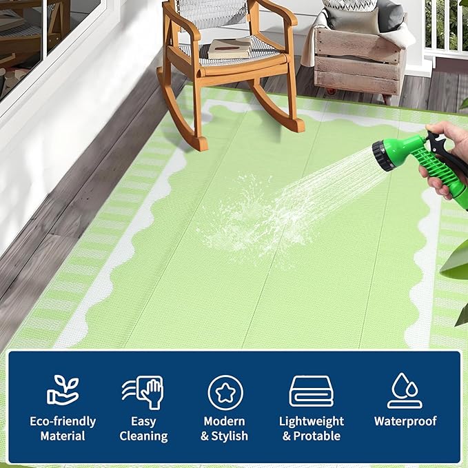 Garvee 9x12 Outdoor Rug, Scalloped Border Waterproof Camping Rugs for Outside Your RV, Modern Foldable Plastic Straw Rug, Reversible UV Resistant Mats for Backyard Deck Porch Camper, Light Green