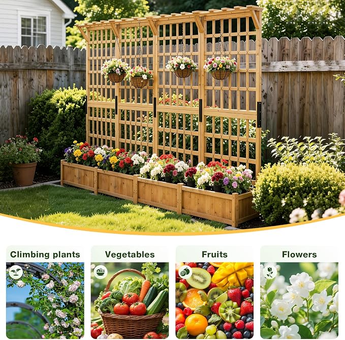 Aoxun 36" Raised Garden Bed with Trellis, Wood Planter Container with Hanging Roof & Garden Boxes for Climbing Plants Flowers Vine (1 piece)