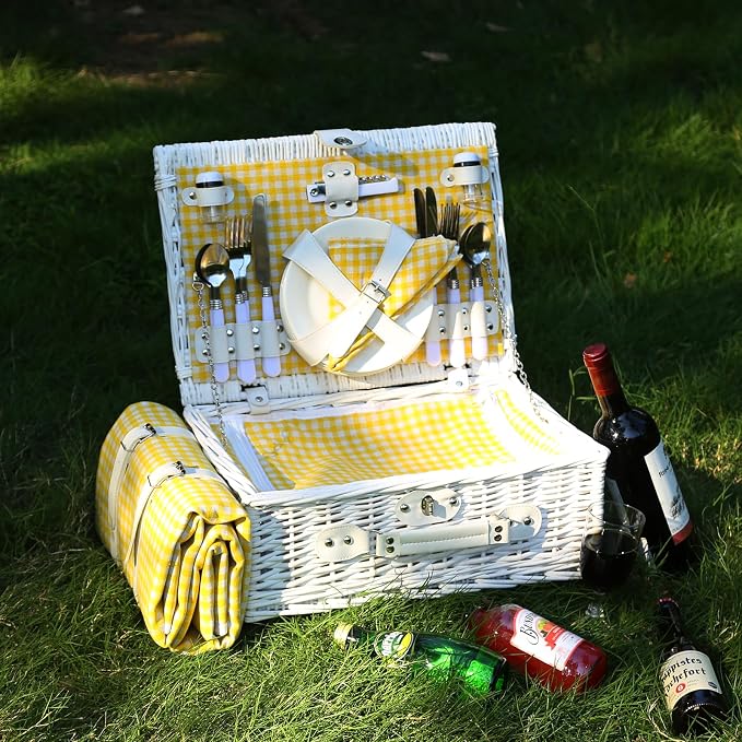 Picnic Basket Set for 4 with Waterproof Blanket Mat Insulation Bag Wicker White Yellow Light Fresh Gifts for Wedding Birthday Summer Camp Outdoor Camping Beach Travel Christmas Thanksgiving