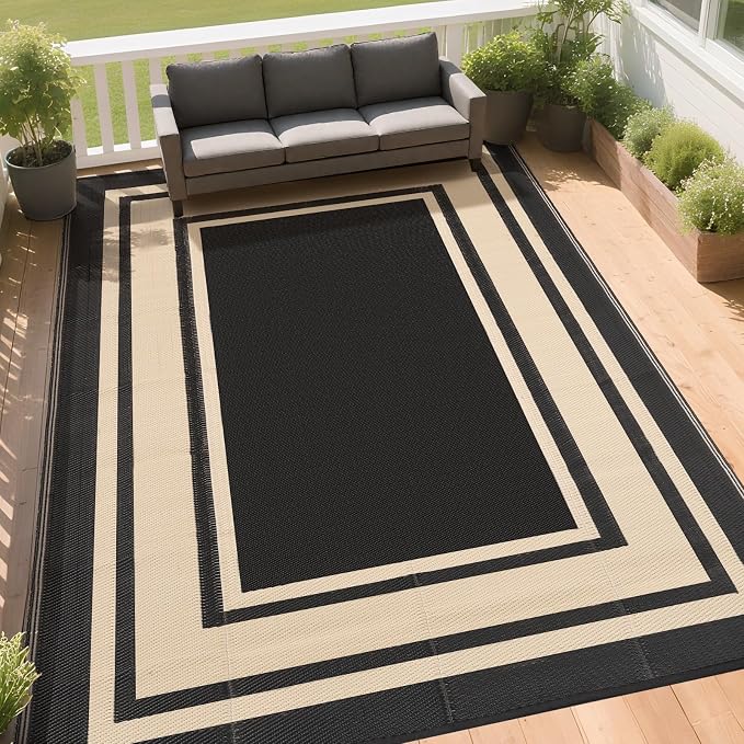 RURALITY Outdoor Rugs 6x9 Waterproof for Patios Clearance,Plastic Straw Mats for Backyard,Porch,Deck,Balcony,Reversible,Black and Beige
