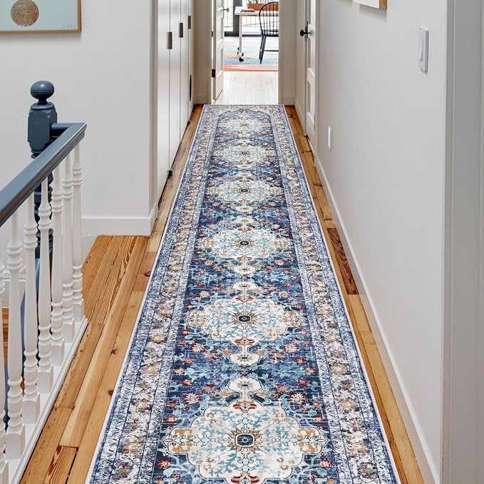 U'Artlines 2.6'x20' Boho Hallway Runner Rug Non Slip Washable Runners,Blue | Vintage Farmhouse Kitchen Rug, Extra Long, Accent Area Carpet for Entryway Laundry and Living Room