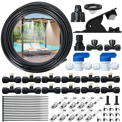GOTGELIF Misting System for Patio, 50FT Misting Line 12 Brass Misting Nozzles + 3/4" Faucet Adapters+ 2 Shut-Off Valves, Leak-Proof DIY Water Mister Kit for Patio, Garden, Gazebo, Greenhouse