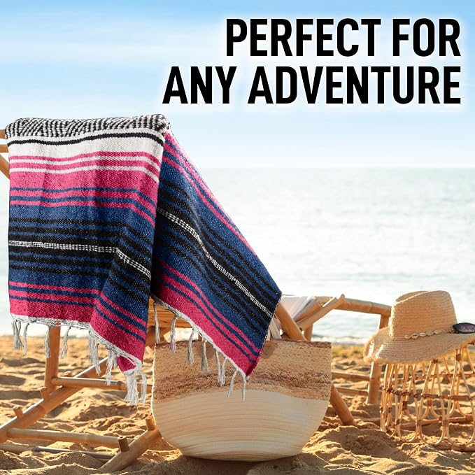 Hydration Nation Authentic Extra Large Mexican Blanket (70"x50") - Handwoven Yoga, Serape- Artisanal Falsa, Beach, Camping, Picnic, Outdoor - Twilight