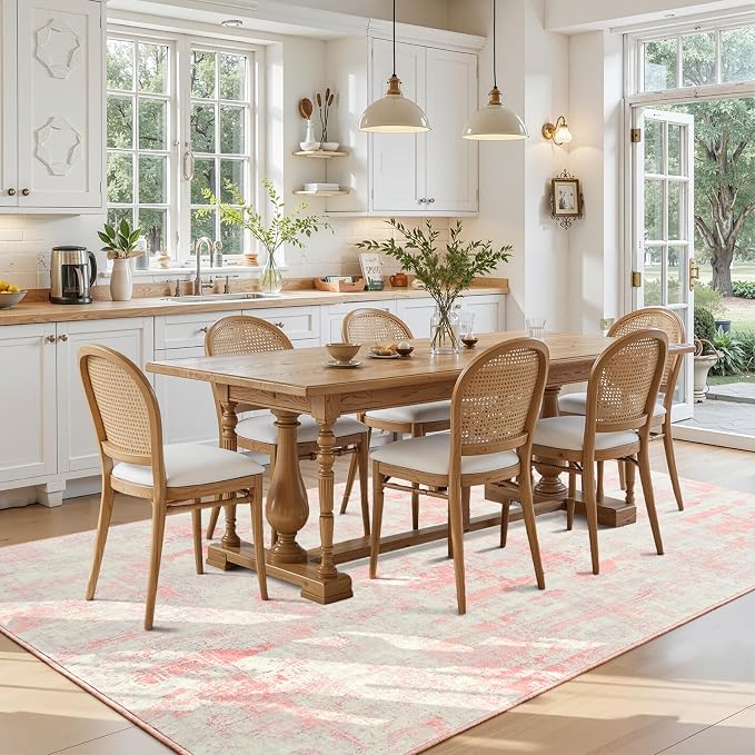Toneed Washable 5x7 Area Rug with Non-Slip Backing for Living Room | Abstract Modern Rugs, Soft Low Pile Carpet for Bedroom Kitchen Dining Room Nursery Indoor Floor Office Home Decor, Pink Grey