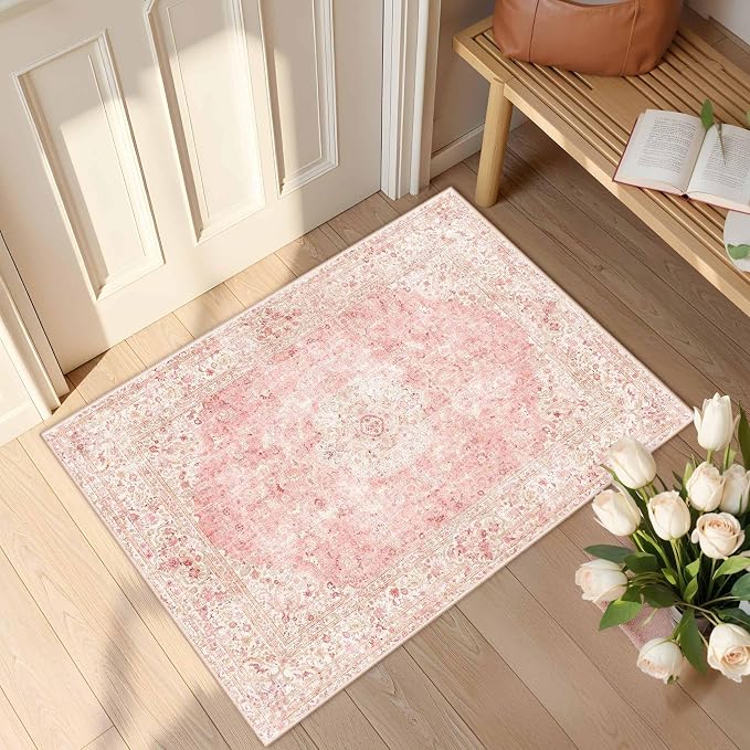 Latte&Fog Washable Entryway Rug 2x3, Vintage Pink Area Rugs for Kitchen | Low Pile Non Slip Soft Throw Rug Doormat for Entrance Bathroom Laundry Bedroom Nursery Playroom Hallyway Dorm Decor Office