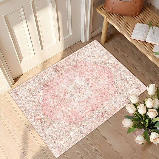 Latte&Fog Washable Entryway Rug 2x3, Vintage Pink Area Rugs for Kitchen | Low Pile Non Slip Soft Throw Rug Doormat for Entrance Bathroom Laundry Bedroom Nursery Playroom Hallyway Dorm Decor Office