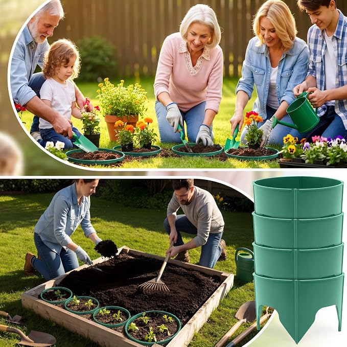 80 Pcs Planting Grow Rings, Diameter Range 8.2-15.7 Inches, Adjustable Interlocking Plant Support Rings with Mallet, Reusable Tree Watering Ring for Garden Root Irrigation (Green)