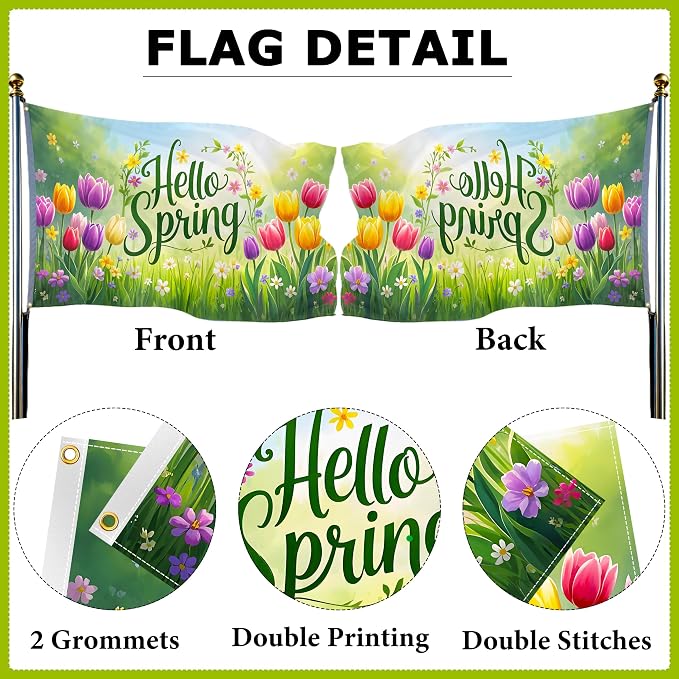 Spring Decorations Hello Spring Flag 3x5 Ft Outdoor Double Sided Printed Polyester All Things Revive Sign for Fence Garden Lawn Yard Home Decorations with 2 Grommets