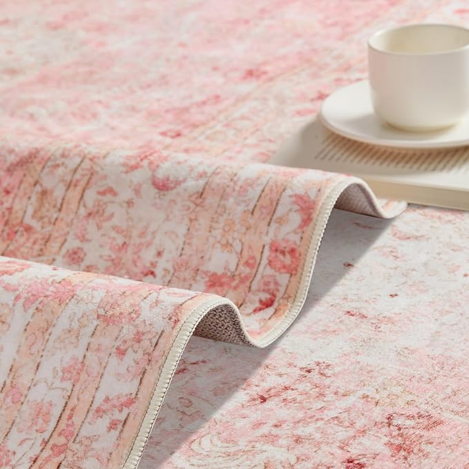 Latte&Fog Washable Entryway Rug 2x3, Vintage Pink Area Rugs for Kitchen | Low Pile Non Slip Soft Throw Rug Doormat for Entrance Bathroom Laundry Bedroom Nursery Playroom Hallyway Dorm Decor Office