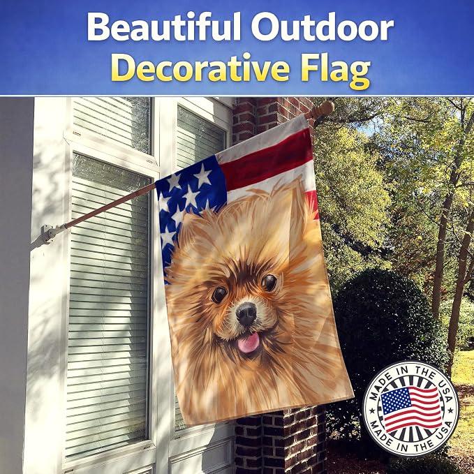 Caroline's Treasures CK6655CHF Pomeranian Dog American Flag House Flag Large Porch Sleeve Pole Decorative Outside Yard Banner Artwork Wall Hanging, Polyester, House Size, Multicolor