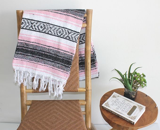 Del Mex Classic Mexican Blanket, Large Authentic Woven Falsa Throw (70"x50"), Artisan Southwest Décor for Beach, Yoga, Outdoors (Pink)