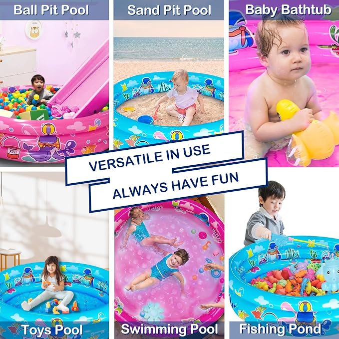 Big Summer 3 Rings Kiddie Pool, 48”X12”, Kids Swimming Pool, Inflatable Baby Ball Pit Pool, Small Infant Pool (Pink)