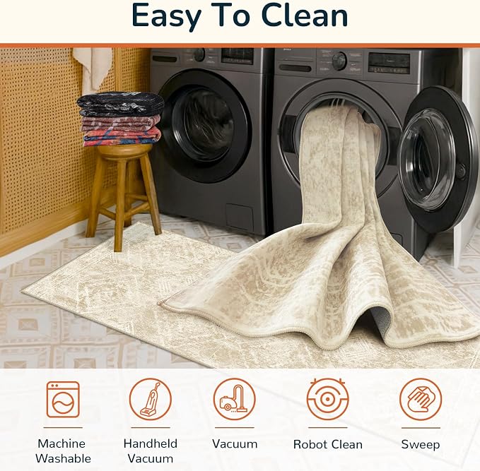 8'x10' Washable Area Rug for Living Room Beige/Lightbrown | Soft Western No Slip Low Pile Print Foldable Indoor for Kitchen Dining Room