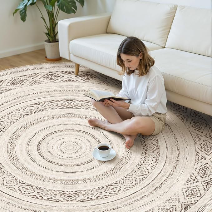 cotiled 8x8 Round Rug 8ft Circle Living Room Boho Area Rugs | Solve Modern Neutral Trendy Home Decor - Washable Foldable Indoor Carpet for Bedroom Home Office Dark Brown