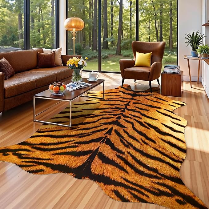 AROGAN Premium Tiger Print Rug, Faux Animal Hide Rugs, Non-Slip 4.6x5.2 Ft | Machine Washable Animal Print Hide Leopard Skin Area Rug for Bedroom Living Room Home Decor Pet Friendly