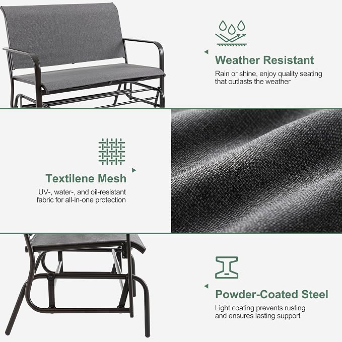 Shintenchi 2-Person Outdoor Glider Bench with Breathable Fabric, Steel Frame Patio Swing Chair, Ergonomic Design Metal Rocking Bench Loveseat for Patio, Backyard, Poolside, Gray