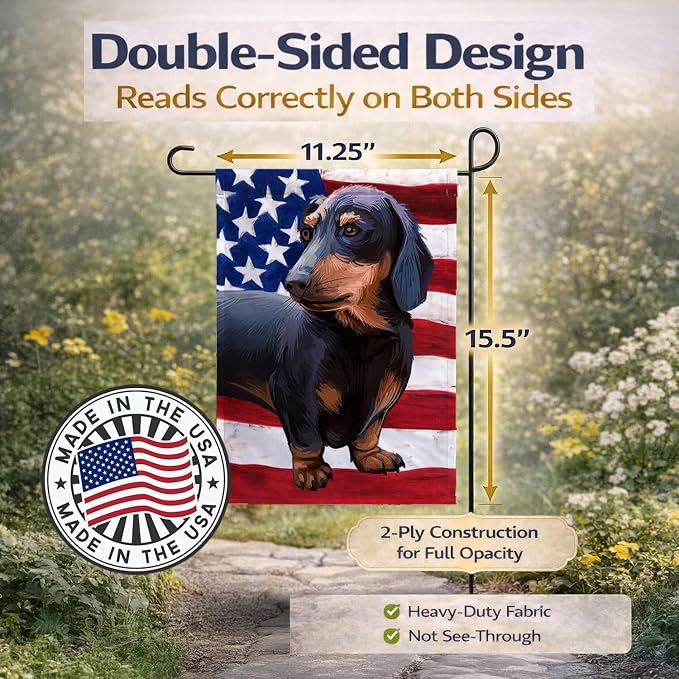 Caroline's Treasures CK6500GF Dachshund Dog American Flag Garden Flag Mailbox Flag Decorative Yard Flag Banner Outside Patio Artwork Yard Flower Beds, Garden Size, Multicolor