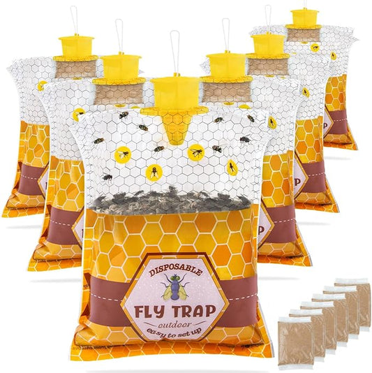 6 Pack Big Fly Traps Outdoor Hanging for Patio, Flies Bags Outdoor Disposable with 50g Bait, Bug Fly Hunter Catcher Killer Control for Barn Horse Ranch Chicken Coop