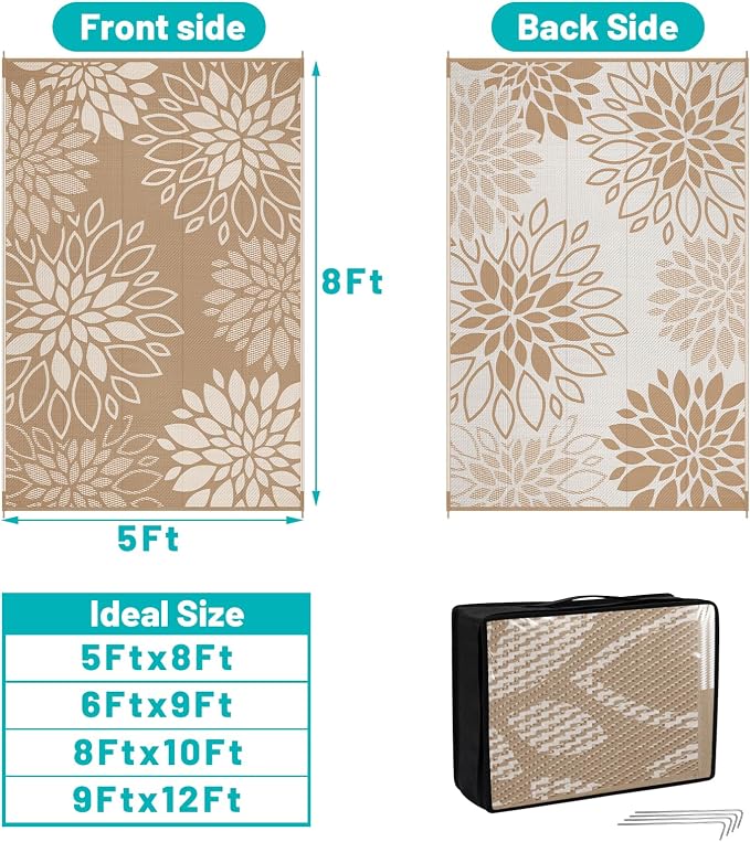 HEBE Waterproof Outdoor Rug 5x8 for Patios, Floral Reversible Plastic Straw Rug Patio Mat, Indoor Outdoor Carpet RV Mat Camping Rug for Deck, Camper, Porch, Balcony, Backyard, Picnic