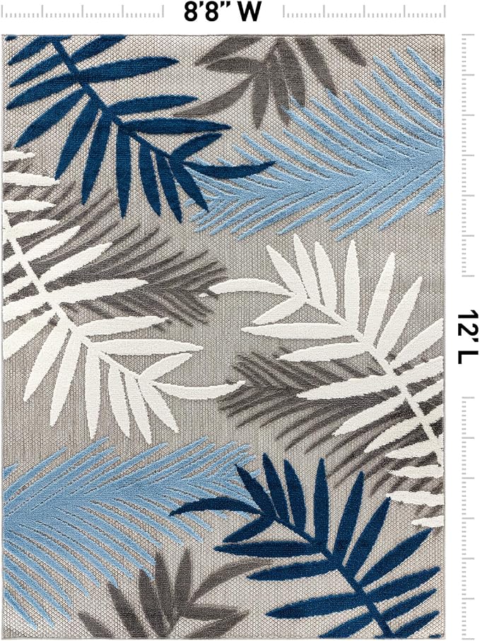 Rugshop Indoor/Outdoor Palm Leaf Area Rug, Non-Shedding Easy-Care Design for Backyard, Deck and Outdoor Lounge, Blue, 8' 8" X 12'