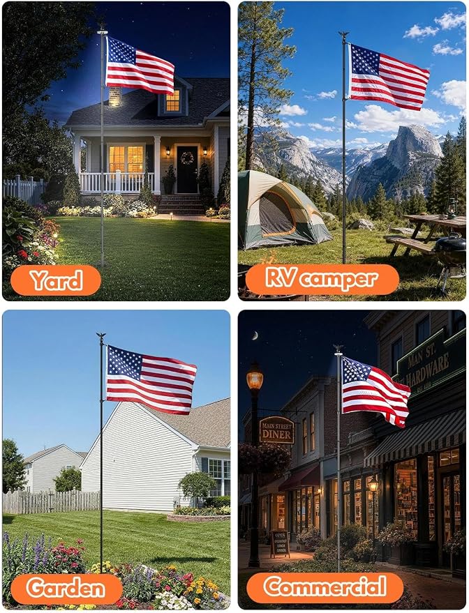 LETSTRY 12 FT In-Ground Flag Pole for Outside House with Solar Light, Heavy Duty Flagpole with Upgraded 5-Prong Base, Portable Mount Flapoles Kit for Yard, Garden Decor, Residential Commerical, Black