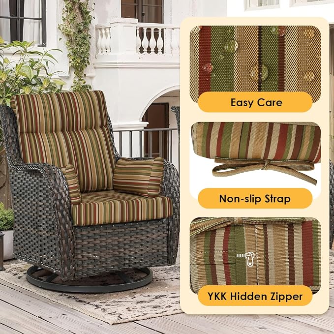 Outdoor High Back Chair Cushion, 2 Pack 48 x 24 inches Patio Chair Cushions Water Repellent Rocking Cushions Indoor Furniture Seat Pad with 2 Pillows, Colorful Stripe