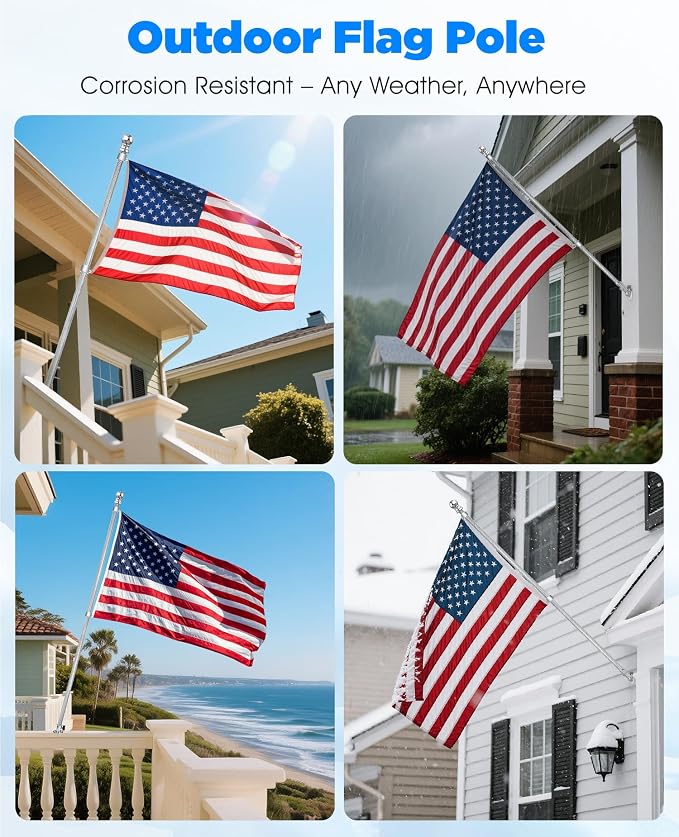 6FT Carbon Fiber Flag Pole for Outside House – Silver Porch Flagpole, 1 Inch Diameter, Rustproof, 360° Rotating Flag Rings & Stainless Steel Carabiners Included, for All Weather (2, silver 6ft)